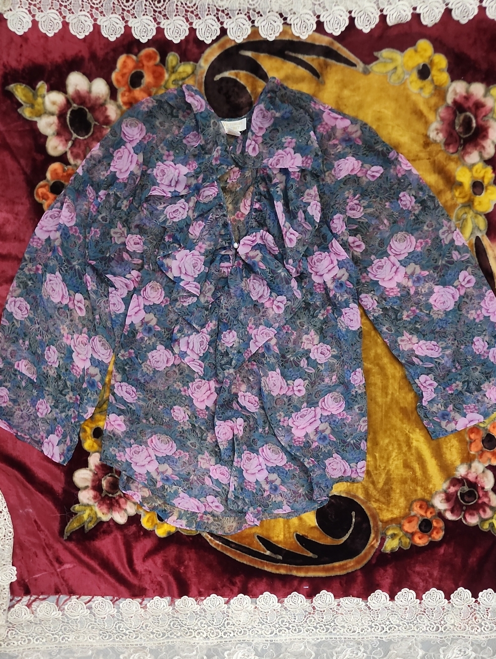 Gold Label Victorias Secret Floral Sheer Nighgown With Ruffle Collar Bell Sleeve